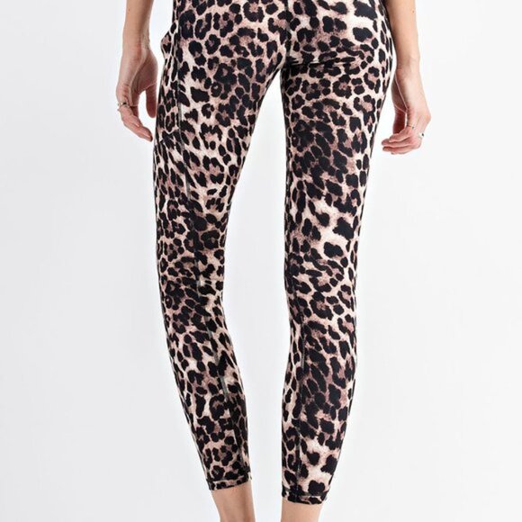 3X Plus Size Womens Side Pocket Leggings, Wide Waisted Yoga Pants, Leopard Print - Picture 4 of 5